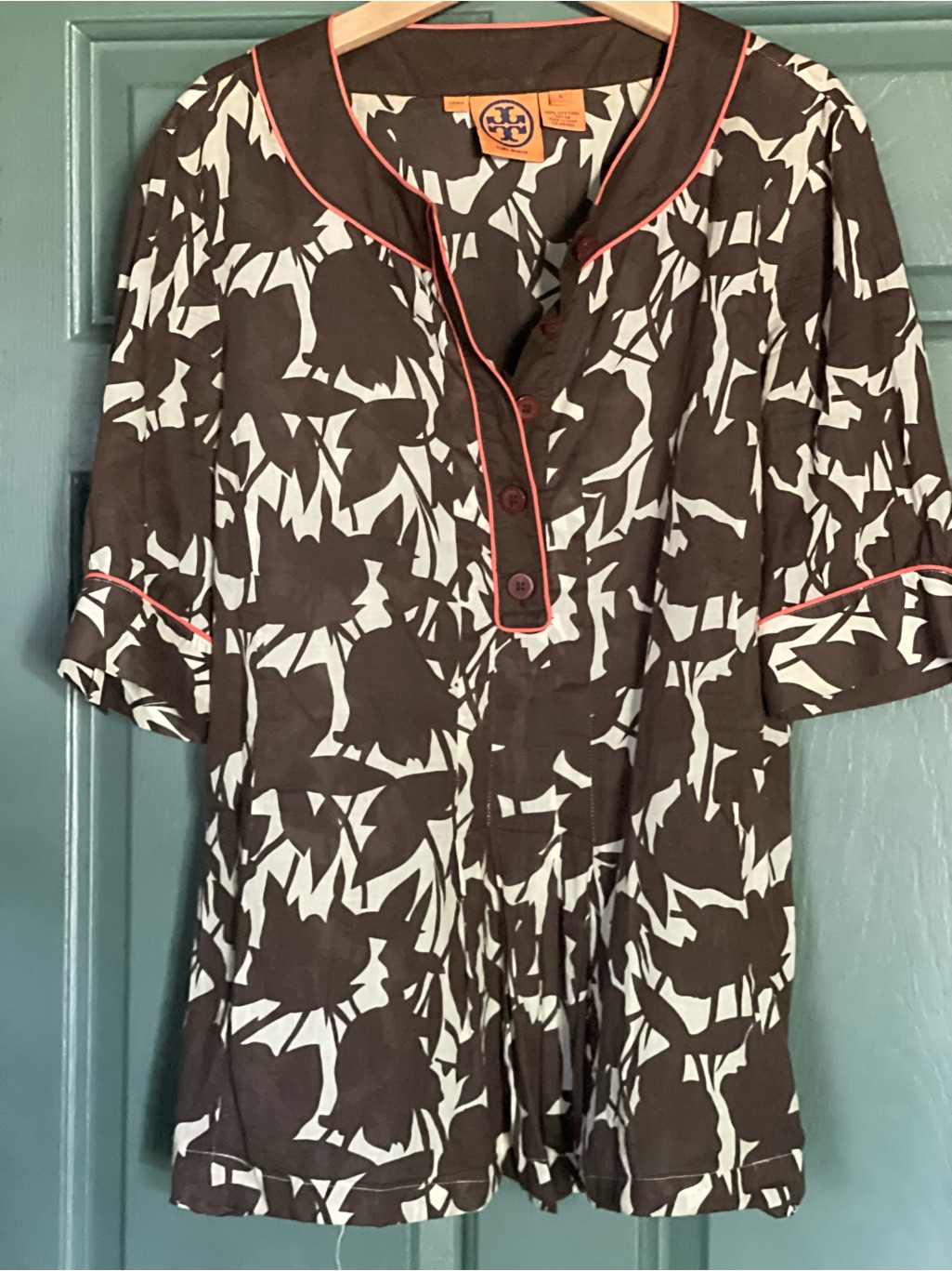 Tory Burch Brown & Cream Printed Long-Sleeve Tunic With Coral Trim